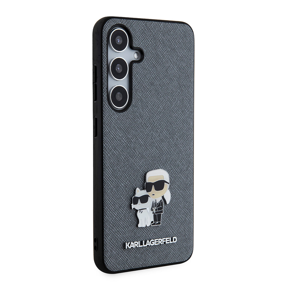 Hülle für Samsung Galaxy S24 S921, Karl Lagerfeld, Saffiano Karl & Choupette Metal, Grau