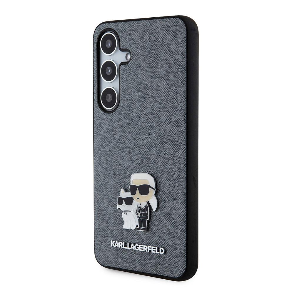 Hülle für Samsung Galaxy S24 S921, Karl Lagerfeld, Saffiano Karl & Choupette Metal, Grau