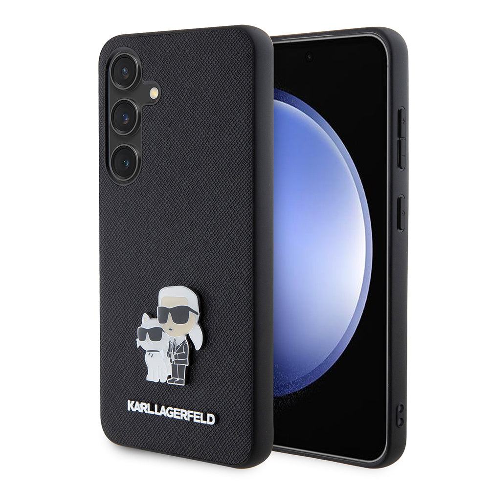 Hülle für Samsung Galaxy S24 S921, Karl Lagerfeld, Saffiano Karl & Choupette Metal, Schwarz