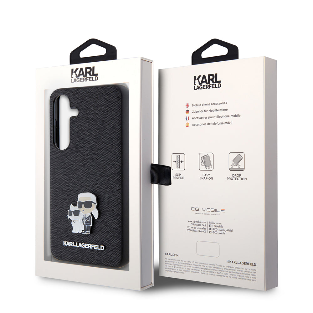 Hülle für Samsung Galaxy S24 S921, Karl Lagerfeld, Saffiano Karl & Choupette Metal, Schwarz