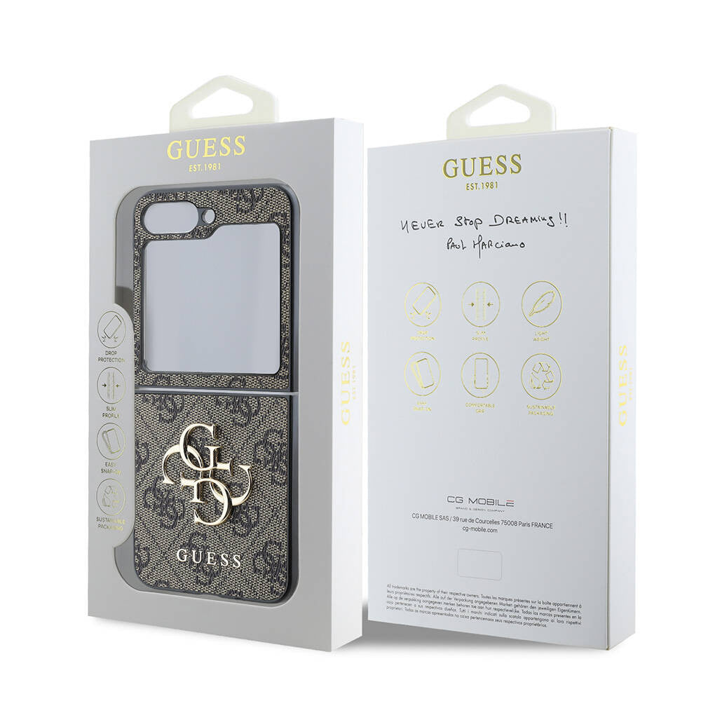 Hülle für Samsung Galaxy Z Flip7 F766, Guess, 4G Metal Logo, Braun