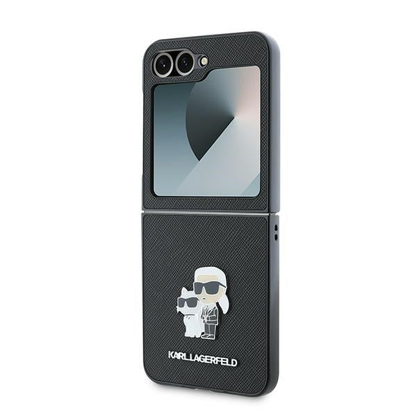 Custodia per Samsung Galaxy Z Flip7 FE F761 / Z Flip6 F741, Karl Lagerfeld, Saffiano Karl & Choupette Metal, Nera