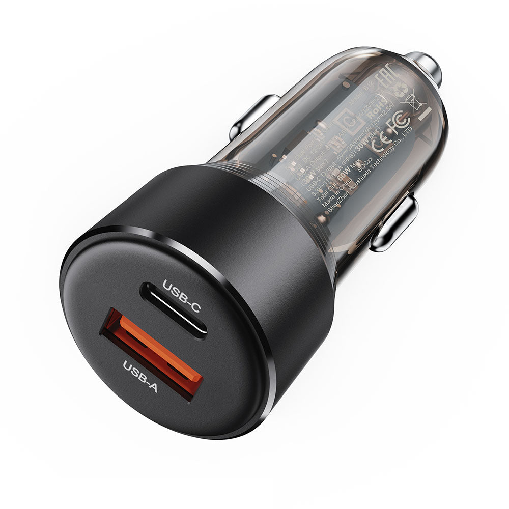 Caricabatterie Auto Acefast B12, 60W, 3A, 1 x USB-A - 1 x USB-C, Nero