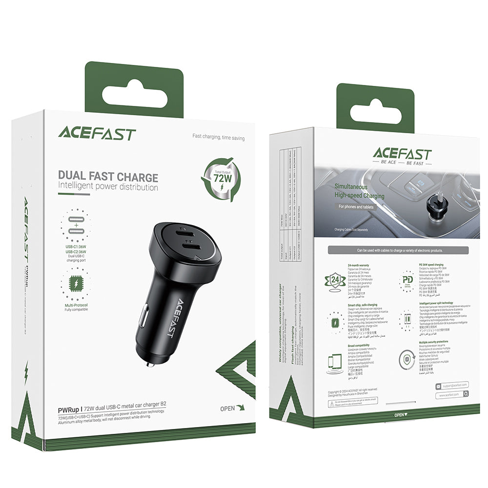 Chargeur de voiture Acefast B2, 72W, 3A, 2 x USB-C, Noir