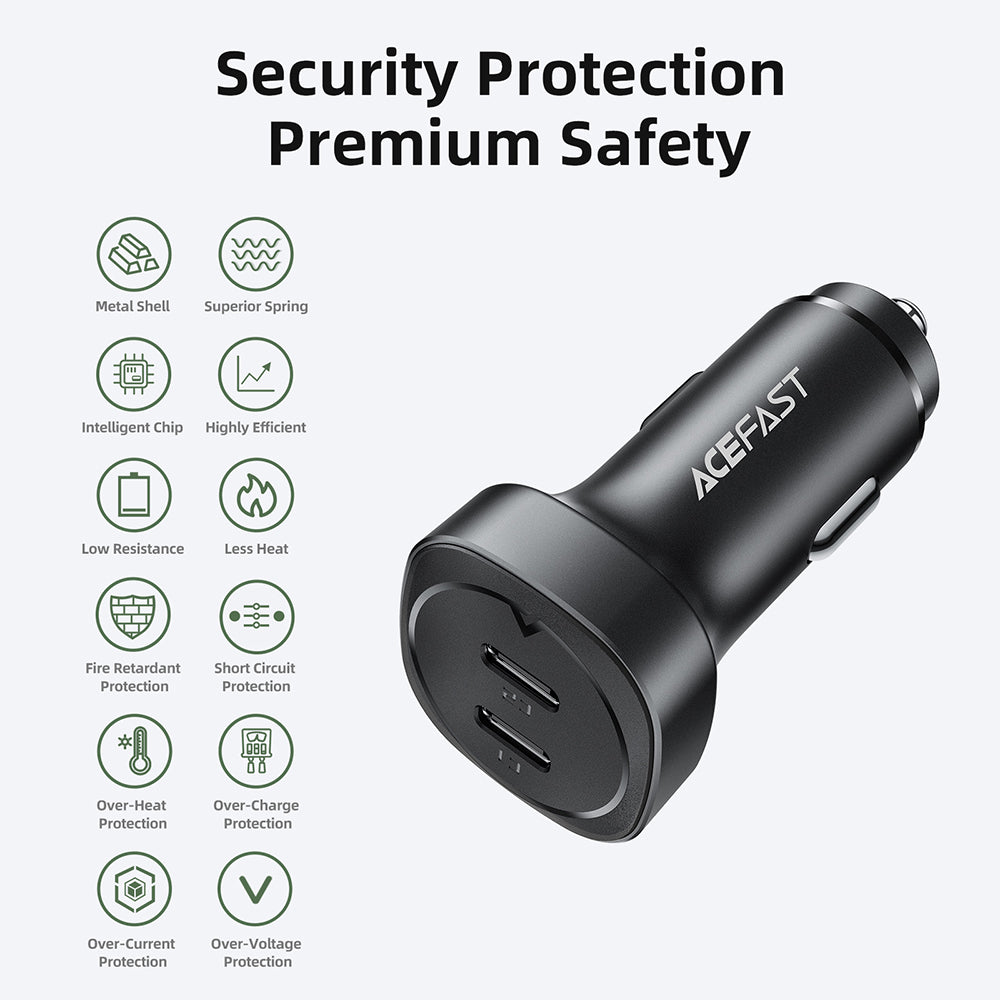Chargeur de voiture Acefast B2, 72W, 3A, 2 x USB-C, Noir