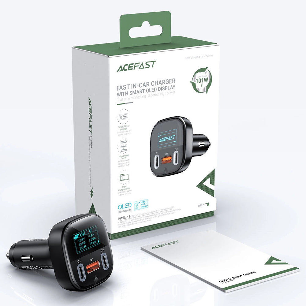 Chargeur de voiture Acefast B5 Display, 101W, 5A, 1 x USB-A - 2 x USB-C, Noir