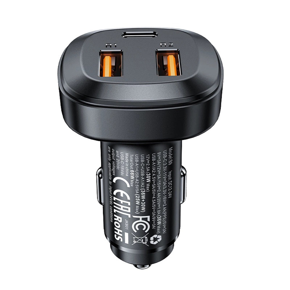Caricabatterie Auto Acefast B9, 66W, 5A, 2 x USB-A - 1 x USB-C, Nero