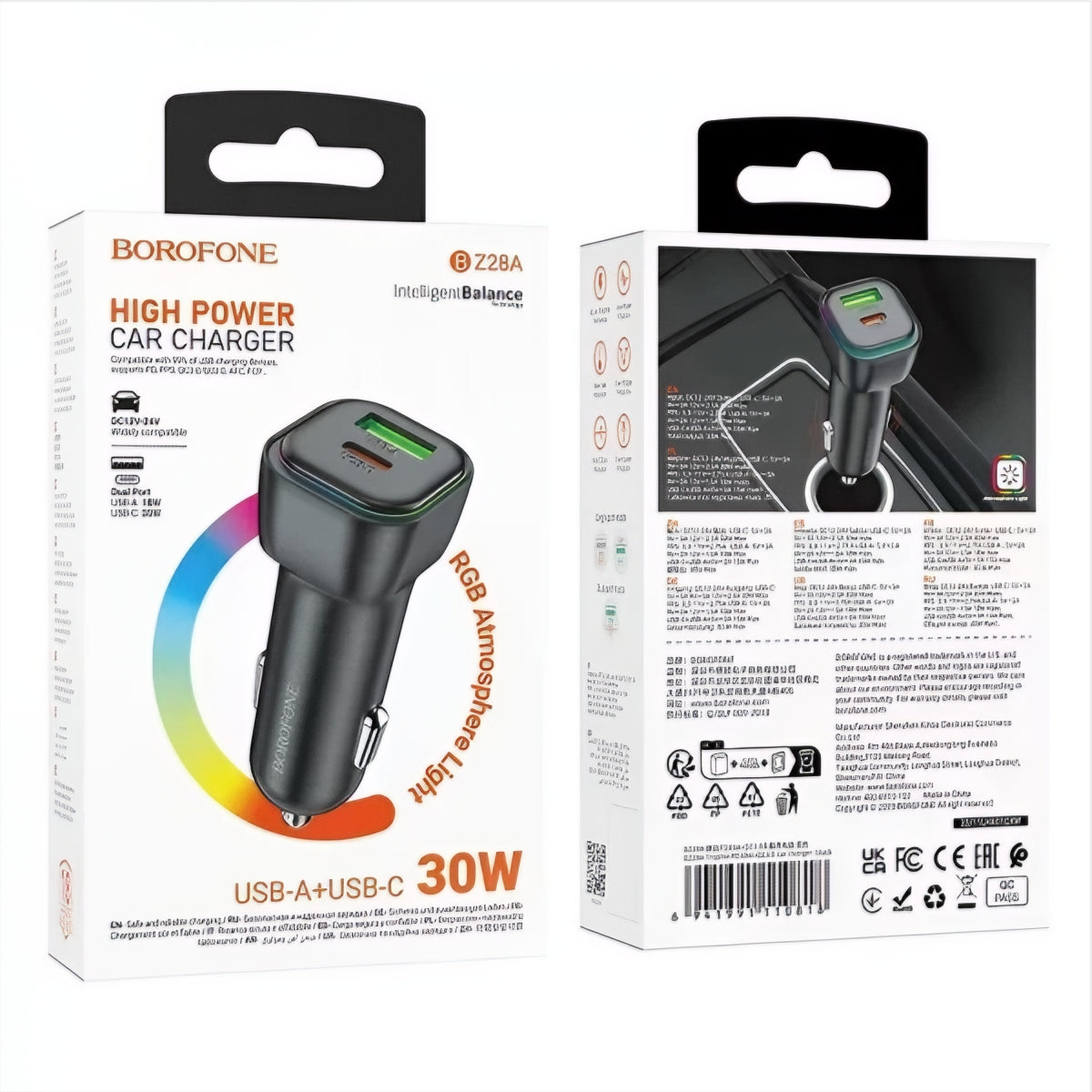 Auto-Ladegerät Borofone BZ28A Trophie, 30W, 3A, 1 x USB-A - 1 x USB-C, Schwarz