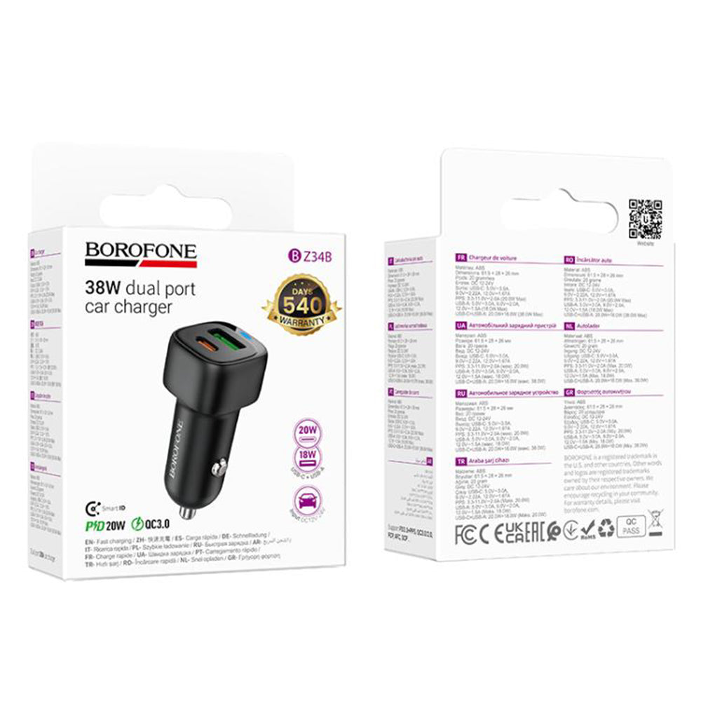 Caricabatterie Auto Borofone BZ34B Cloud, 38W, 3A, 1 x USB-A - 1 x USB-C, Nero
