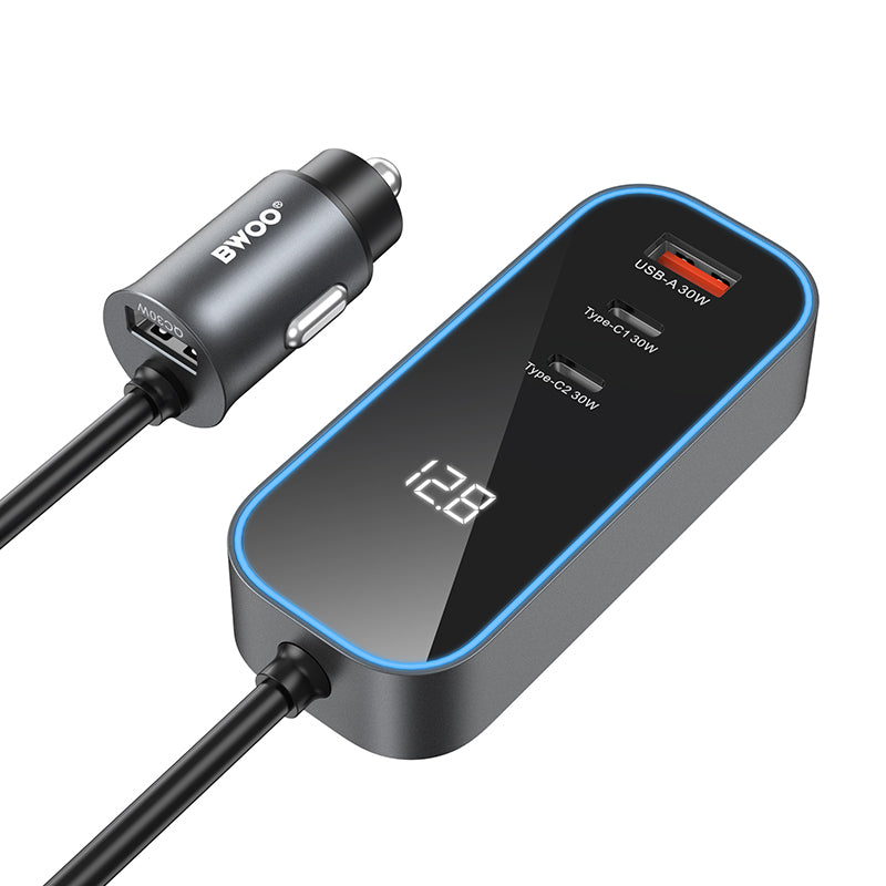 Caricabatterie Auto BWOO CC107 Display, 120W, 3A, 2 x USB-A - 2 x USB-C, Nero