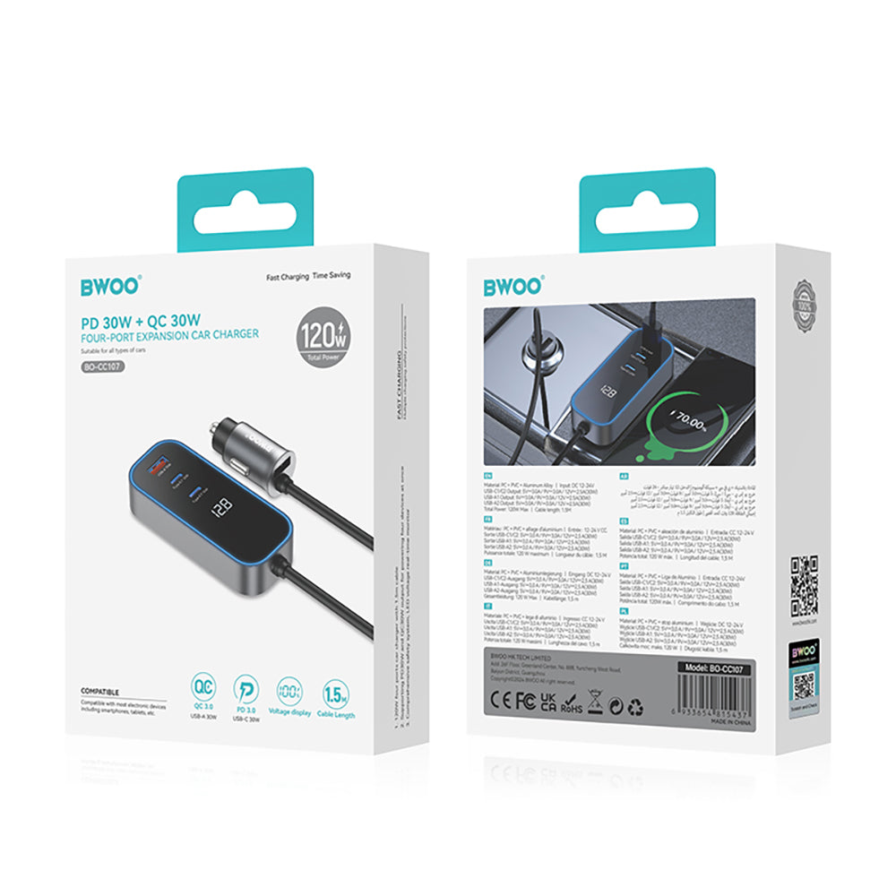 Caricabatterie Auto BWOO CC107 Display, 120W, 3A, 2 x USB-A - 2 x USB-C, Nero