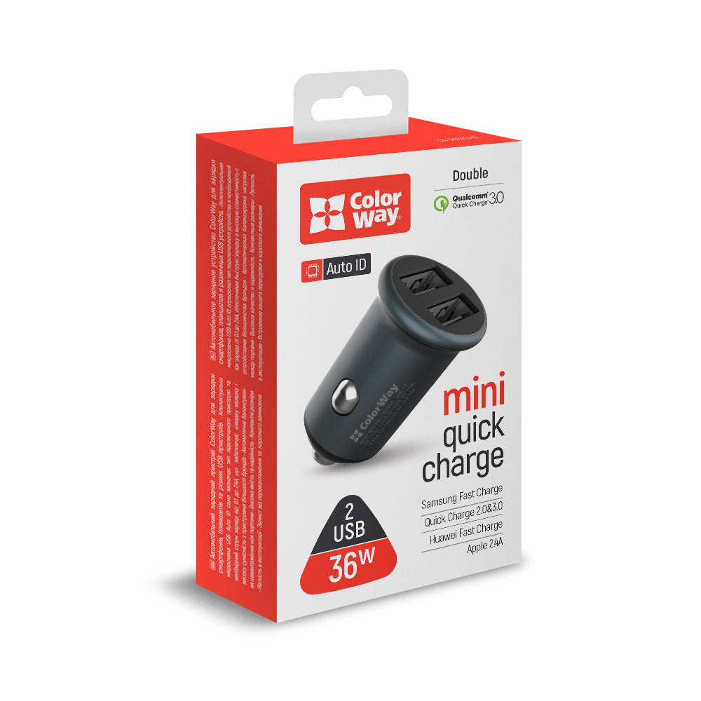 Caricabatterie Auto ColorWay, 36W, 3A, 2 x USB-A, Grigio