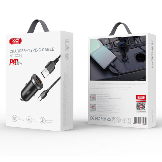 Caricabatterie Auto Con Cavo USB-C XO Design CC56, 30W, 3A, 1 x USB-A - 1 x USB-C, Nero
