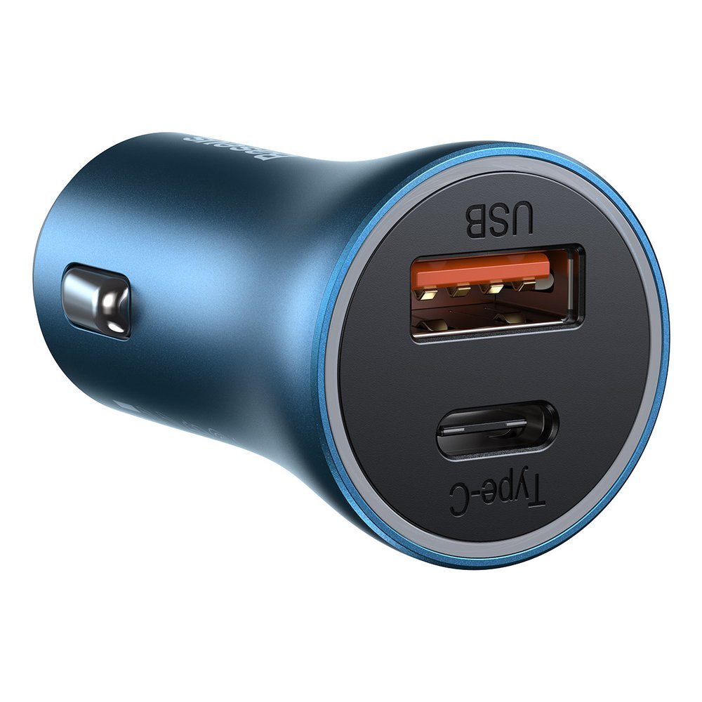 Car Charger with Lightning Cable Baseus Golden Contactor, 40W, 3A, 1 x USB-A - 1 x USB-C, Blue TZCCJD-03