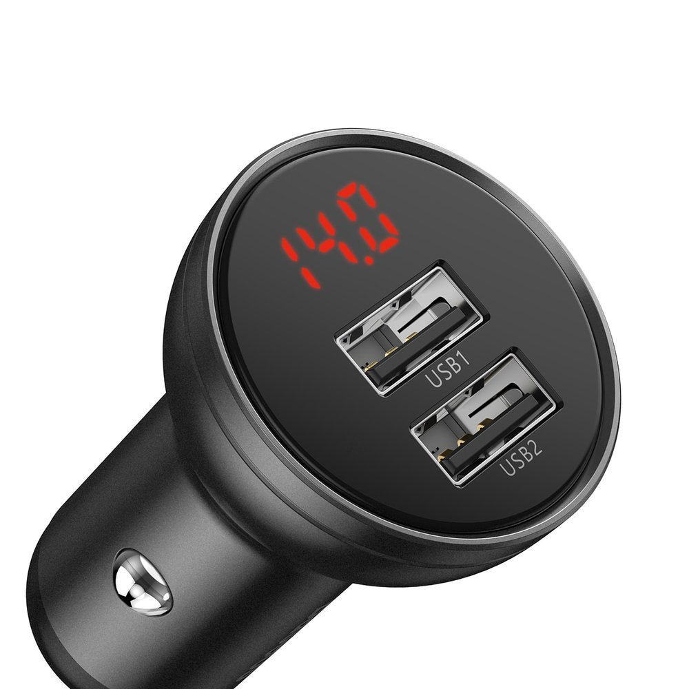 Autoladegerät mit Lightning - microUSB - USB-C Kabel Baseus Digital Display, 24W, 2.4A, 2 x USB-A, Grau TZCCBX-0G