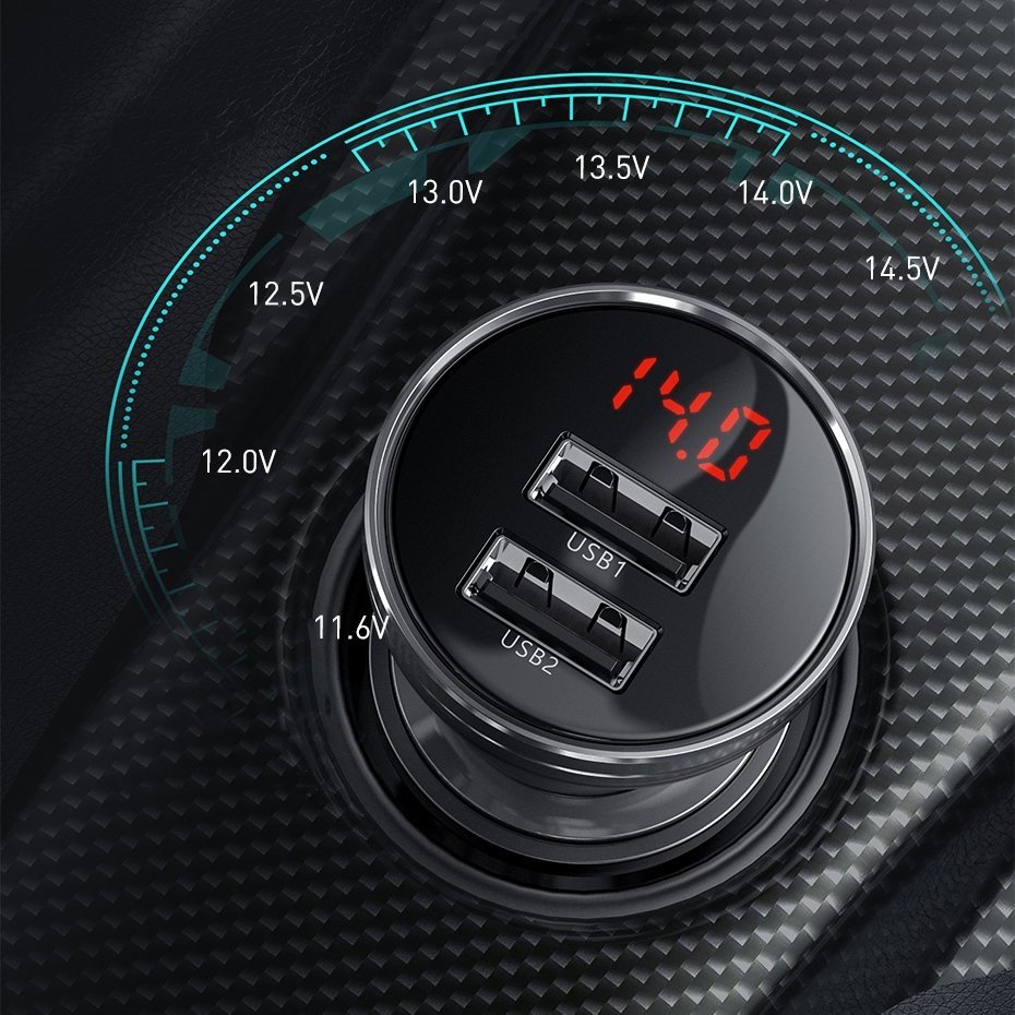 Autoladegerät mit Lightning - microUSB - USB-C Kabel Baseus Digital Display, 24W, 2.4A, 2 x USB-A, Grau TZCCBX-0G