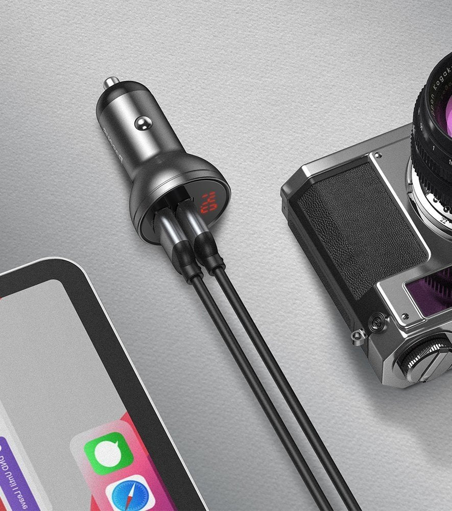 Autoladegerät mit Lightning - microUSB - USB-C Kabel Baseus Digital Display, 24W, 2.4A, 2 x USB-A, Grau TZCCBX-0G