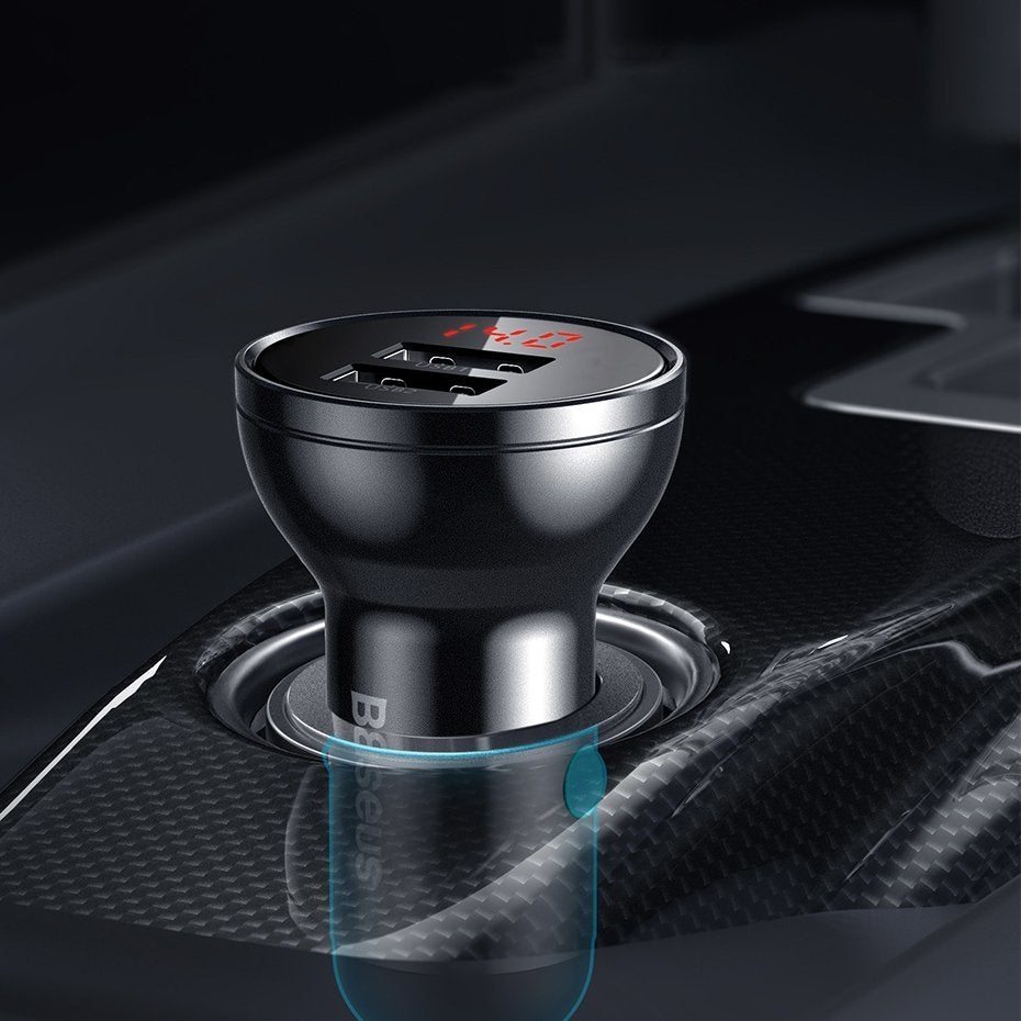 Autoladegerät mit Lightning - microUSB - USB-C Kabel Baseus Digital Display, 24W, 2.4A, 2 x USB-A, Grau TZCCBX-0G