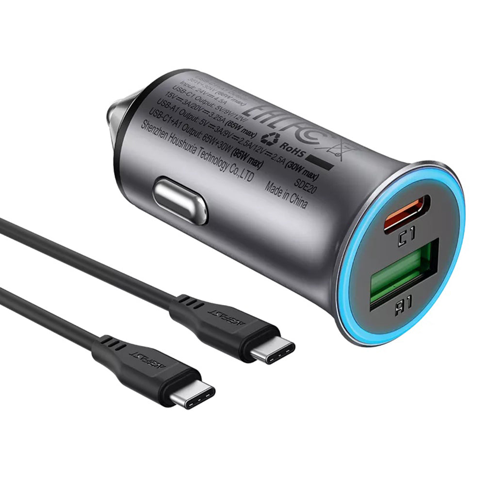 Chargeur Auto Avec Câble USB-C Acefast B16, 95W, 3.25A, 1 x USB-A - 1 x USB-C, Gris