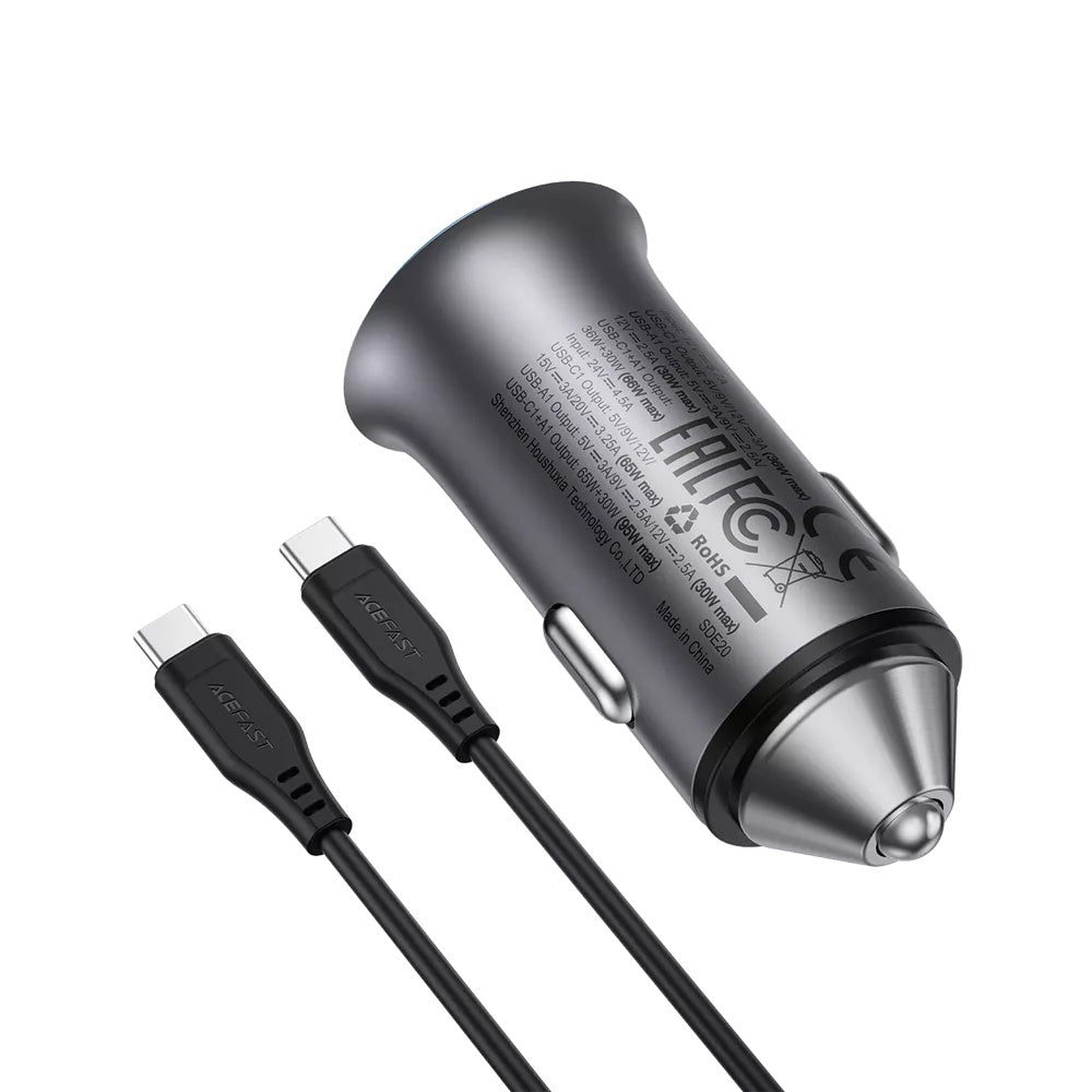 Chargeur Auto Avec Câble USB-C Acefast B16, 95W, 3.25A, 1 x USB-A - 1 x USB-C, Gris