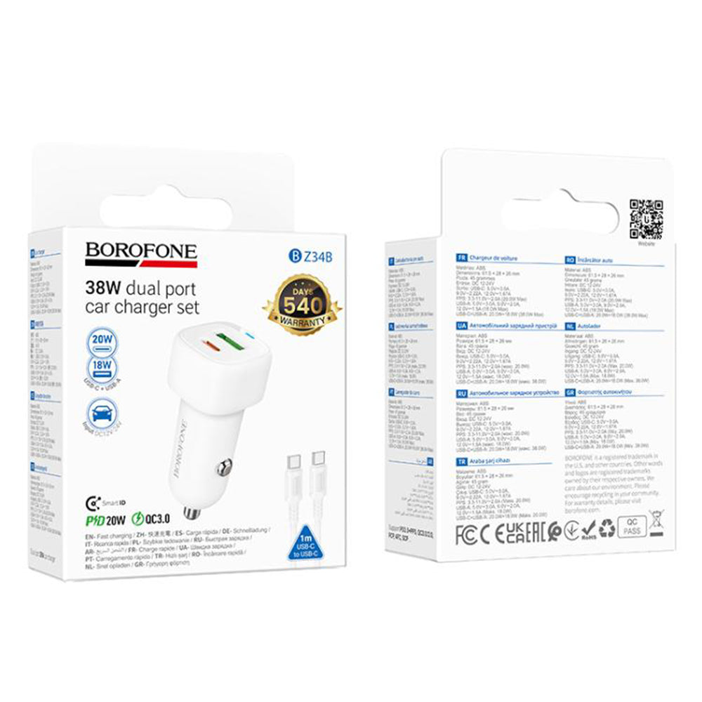 Chargeur de voiture avec câble USB-C Borofone BZ34B Cloud, 20W, 3A, 1 x USB-A - 1 x USB-C, Blanc