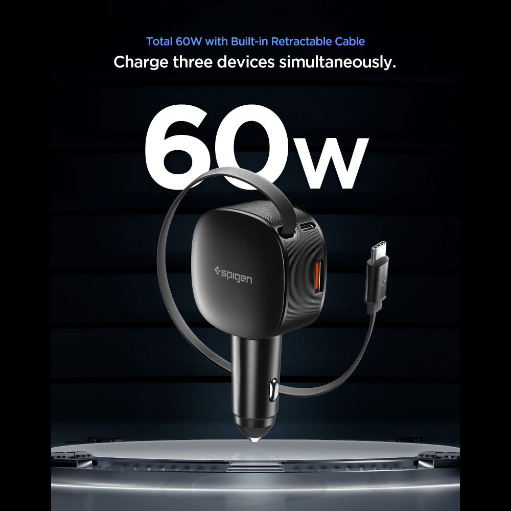 Chargeur de voiture avec câble USB-C Spigen EV603BT Essential, 60W, 3A, 1 x USB-A - 1 x USB-C, Noir