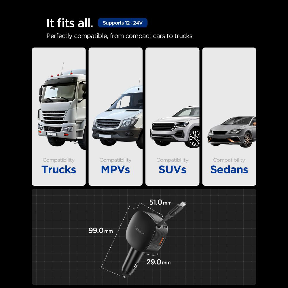 Chargeur de voiture avec câble USB-C Spigen EV603BT Essential, 60W, 3A, 1 x USB-A - 1 x USB-C, Noir