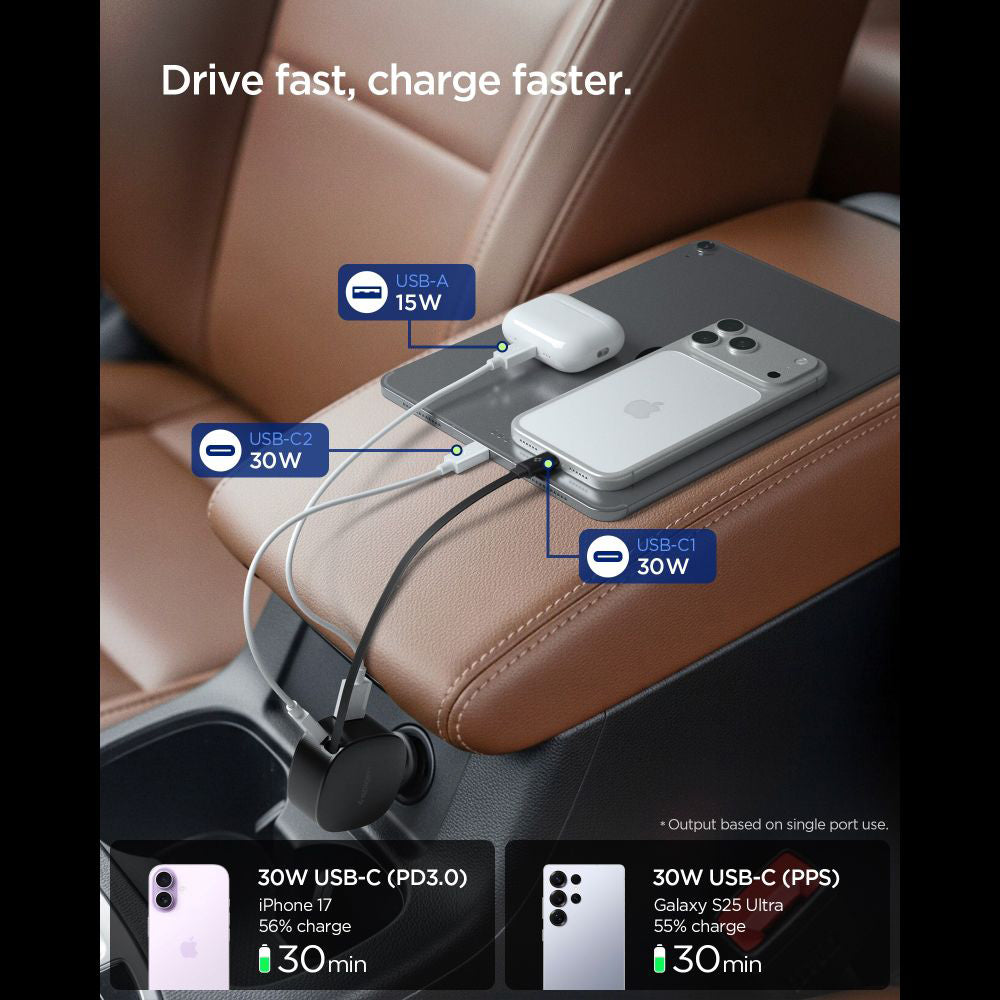 Chargeur de voiture avec câble USB-C Spigen EV603BT Essential, 60W, 3A, 1 x USB-A - 1 x USB-C, Noir