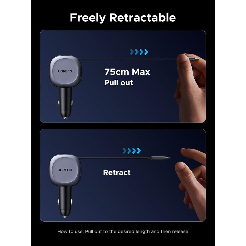 Chargeur de voiture avec câble USB-C UGREEN EC601, 75W, 3A, 1 x USB-A - 1 x USB-C, Gris