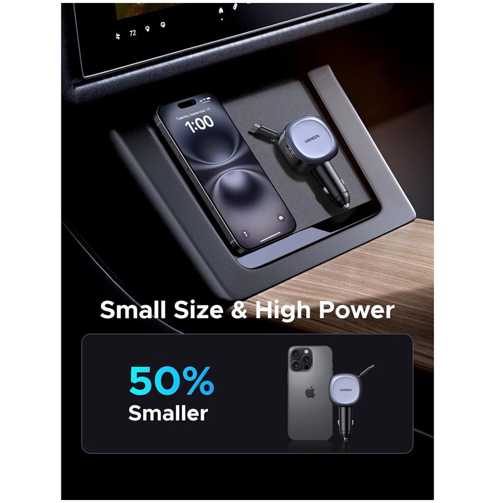 Chargeur de voiture avec câble USB-C UGREEN EC601, 75W, 3A, 1 x USB-A - 1 x USB-C, Gris