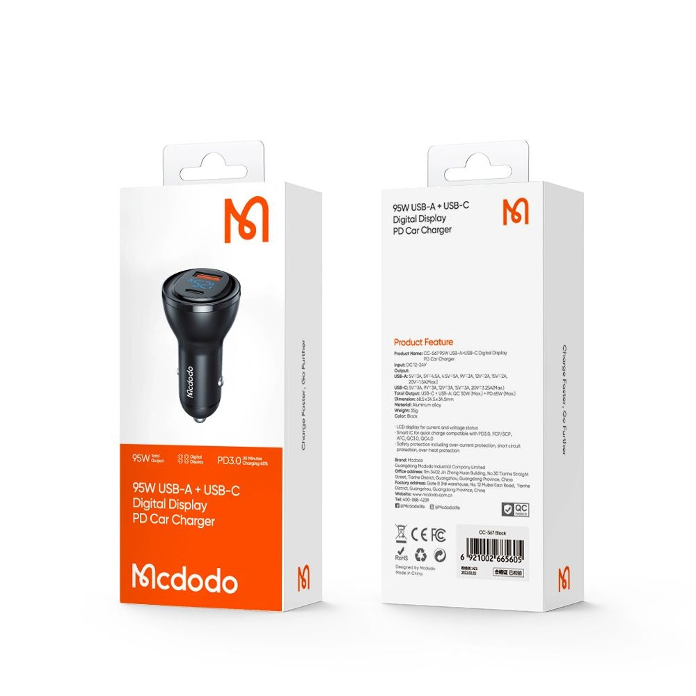 Chargeur de voiture McDodo CC-5670 Display, 95W, 5A, 1 x USB-A - 1 x USB-C, Noir