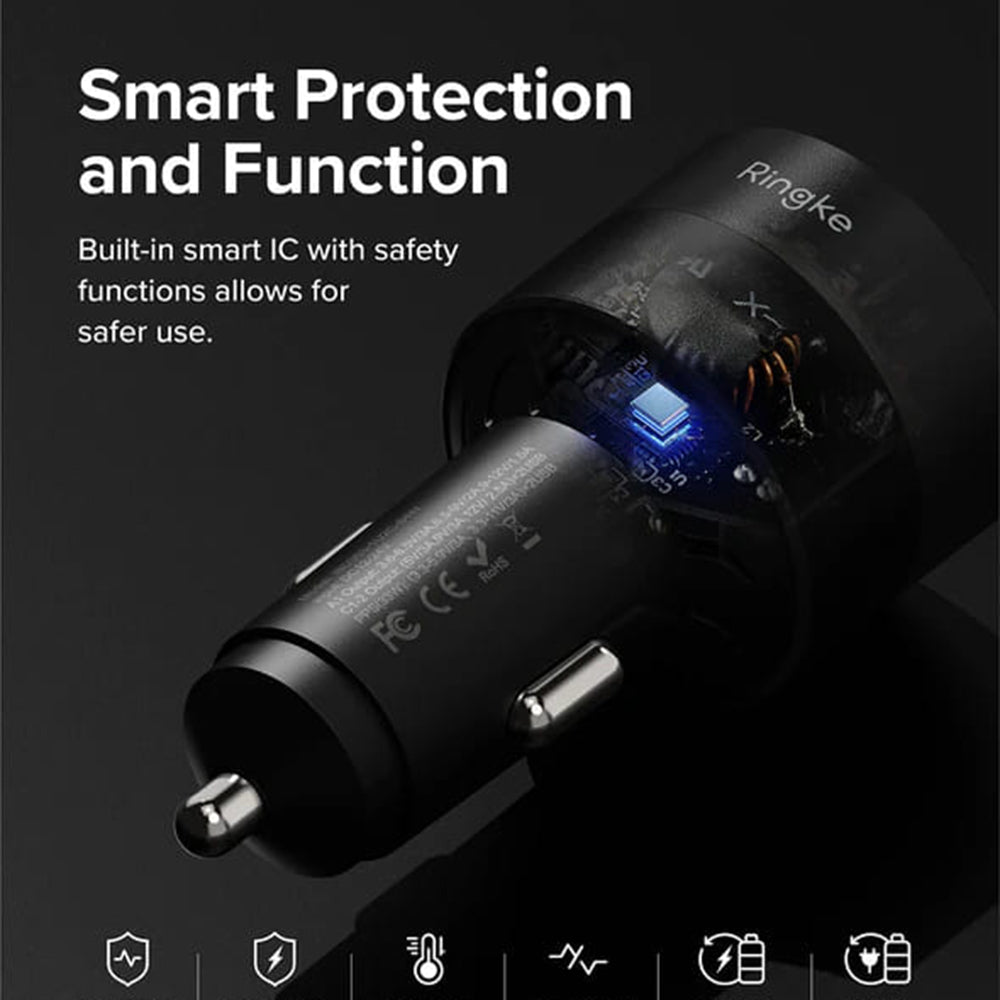 Chargeur de voiture Ringke, 30W, 3A, 1 x USB-A - 2 x USB-C, Noir