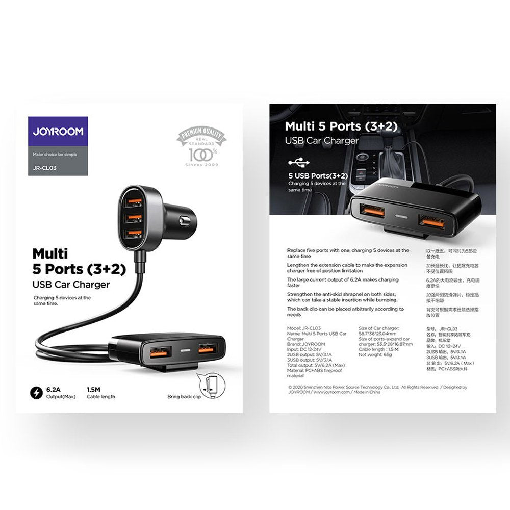 Joyroom JR-CL03 KFZ-Ladegerät 31W | 5x USB-A | Schwarz | 1.5m Kabel