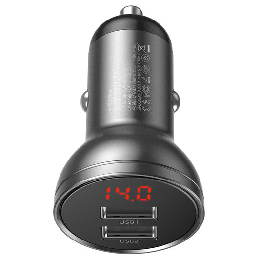 Baseus Chargeur de voiture à affichage numérique, 24W, 2.4A, 2 x USB-A, Gris CCBX-0G