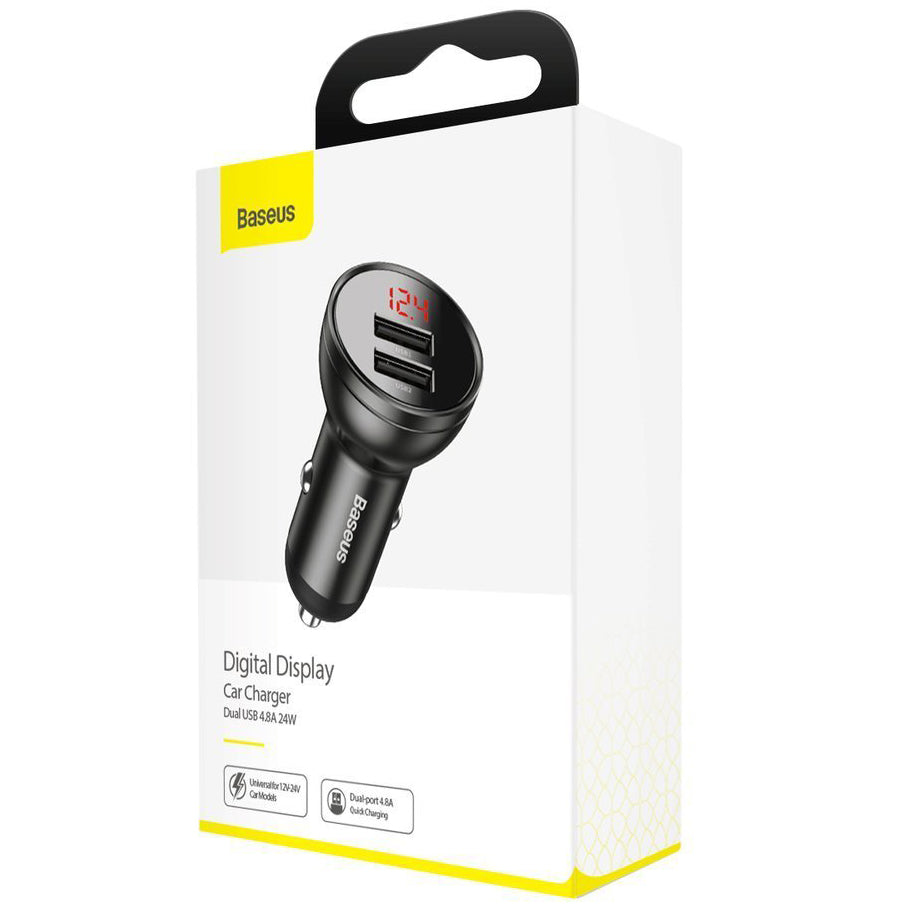 Caricabatterie da auto con display digitale Baseus, 24W, 2,4A, 2 x USB-A, grigio CCBX-0G