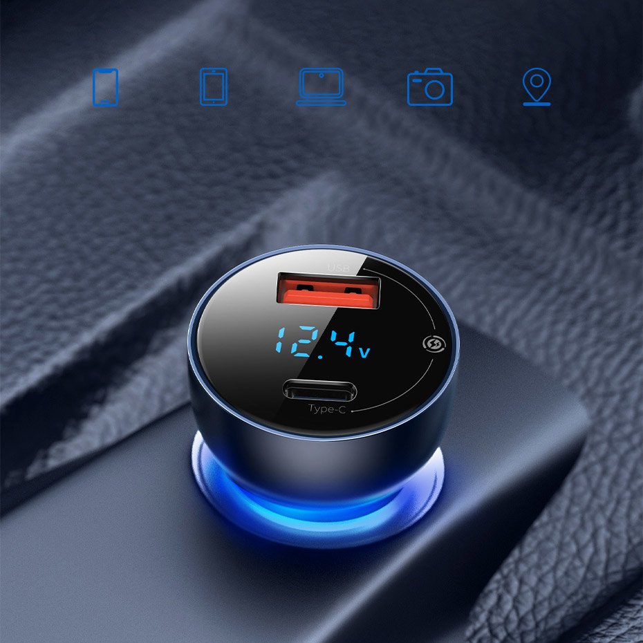 Baseus KFZ-Ladegerät 65W | 1x USB-A & 1x USB-C | Grau | Digital-Display
