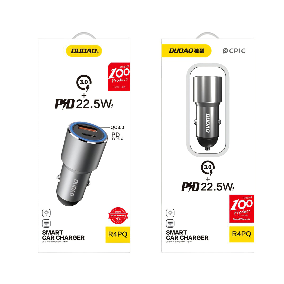 Chargeur Auto USB Dudao R4PQ, 1 X USB - 1 X USB Type-C, 22,5 W, Charge Rapide - Power Delivery, Gris