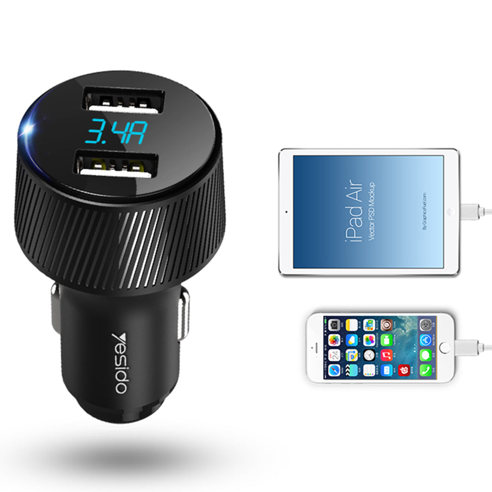 Caricabatterie Auto Yesido Y31 Display, 18W, 3A, 2 x USB-A, Nero