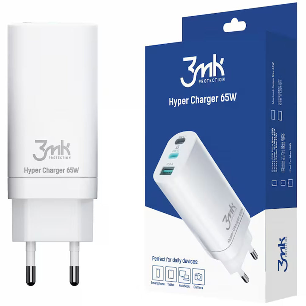 3MK HyperCharger Netzladegerät, 65W, 5A, 1 x USB-A - 2 x USB-C, Weiß