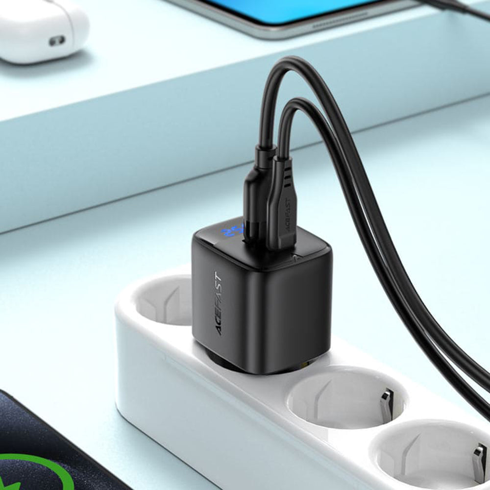 Caricabatterie Rete Acefast A114 Display, 25W, 3A, 1 x USB-A - 1 x USB-C, Nero