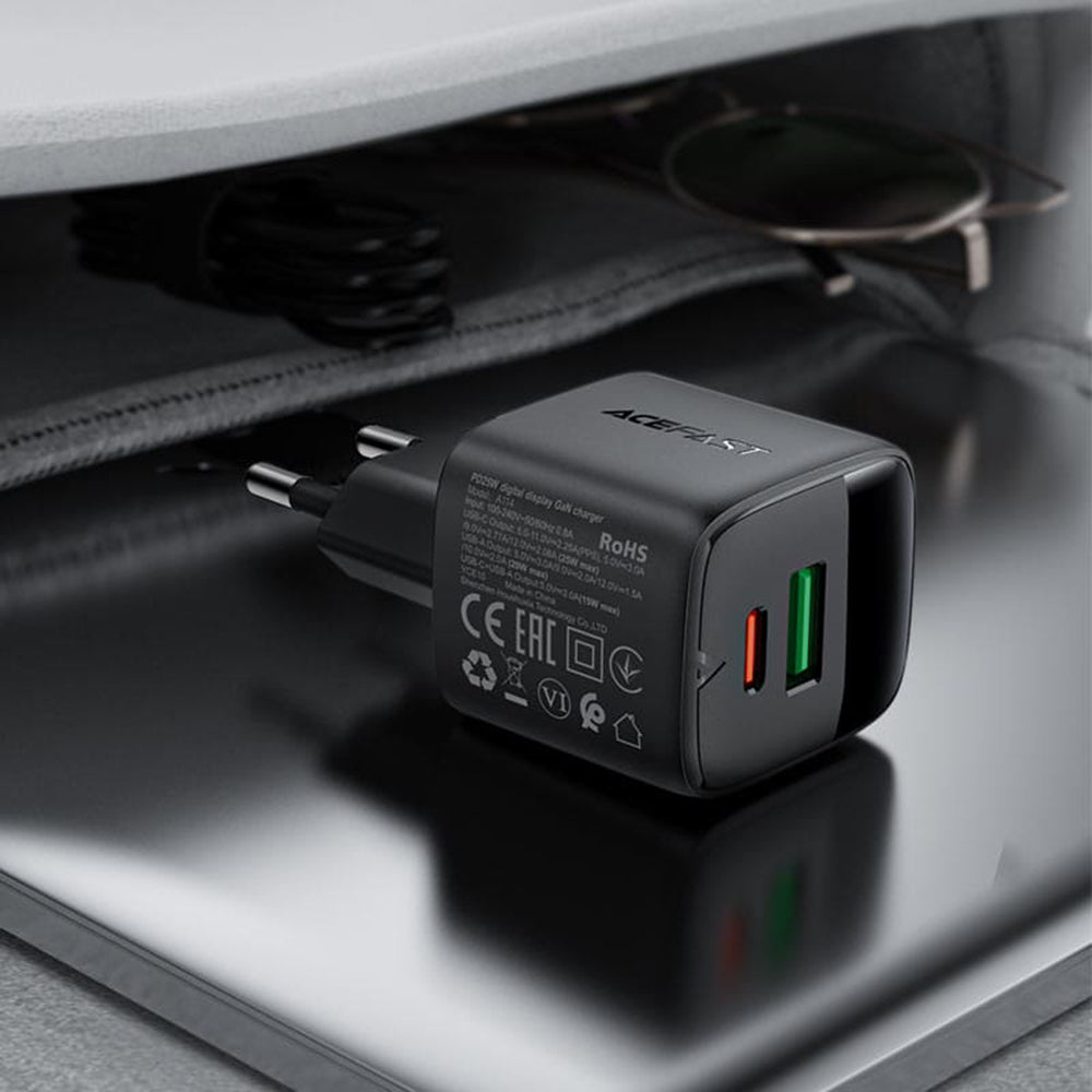 Caricabatterie Rete Acefast A114 Display, 25W, 3A, 1 x USB-A - 1 x USB-C, Nero