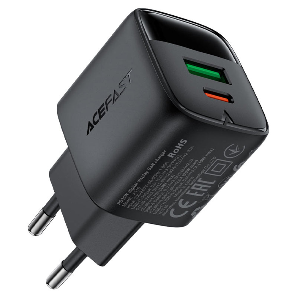 Chargeur Réseau Acefast A116 Display, 35W, 3A, 1 x USB-A - 1 x USB-C, Noir