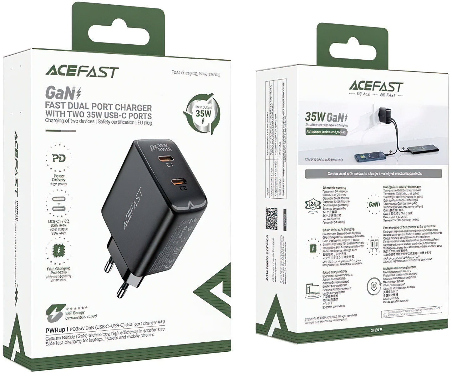 Netzwerk-Ladegerät Acefast A49, 35W, 3A, 2 x USB-C, Schwarz