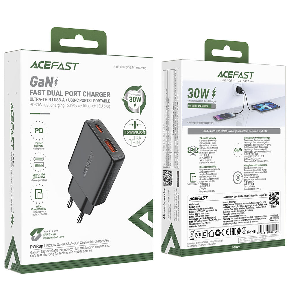 Caricabatterie Retea Acefast A69, 30W, 3A, 1 x USB-A - 1 x USB-C, Nero