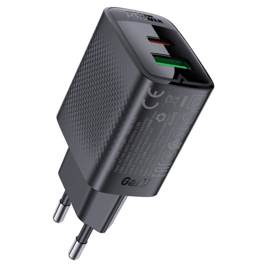 Chargeur Réseau Acefast A78, 20W, 3A, 1 x USB-A - 1 x USB-C, Noir