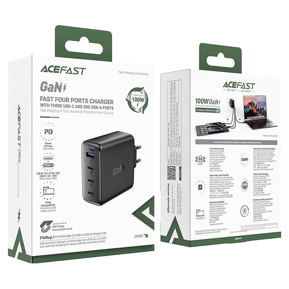 Caricabatterie da rete Acefast A94, 100W, 5A, 1 x USB-A - 3 x USB-C, Nero