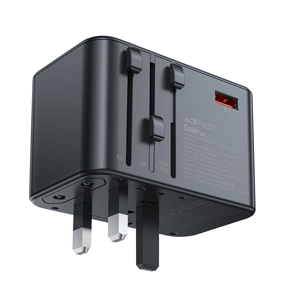 Caricabatterie da Rete Acefast Travel Z1, 75W, 3.35A, 2 x USB-A - 3 x USB-C, Nero