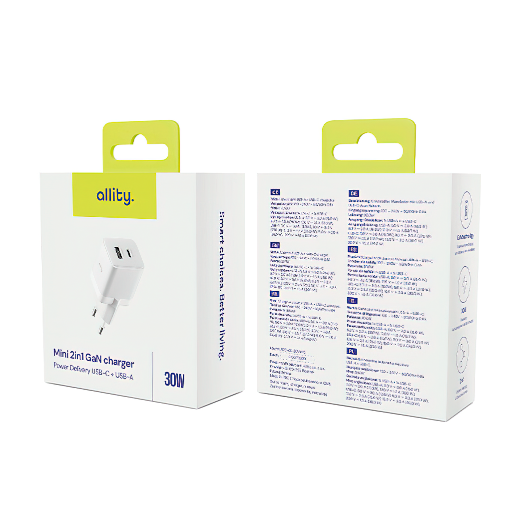 Chargeur Réseau Allity. ATC-01-30WAC Mini, 30W, 3A, 1 x USB-A - 1 x USB-C, Blanc.