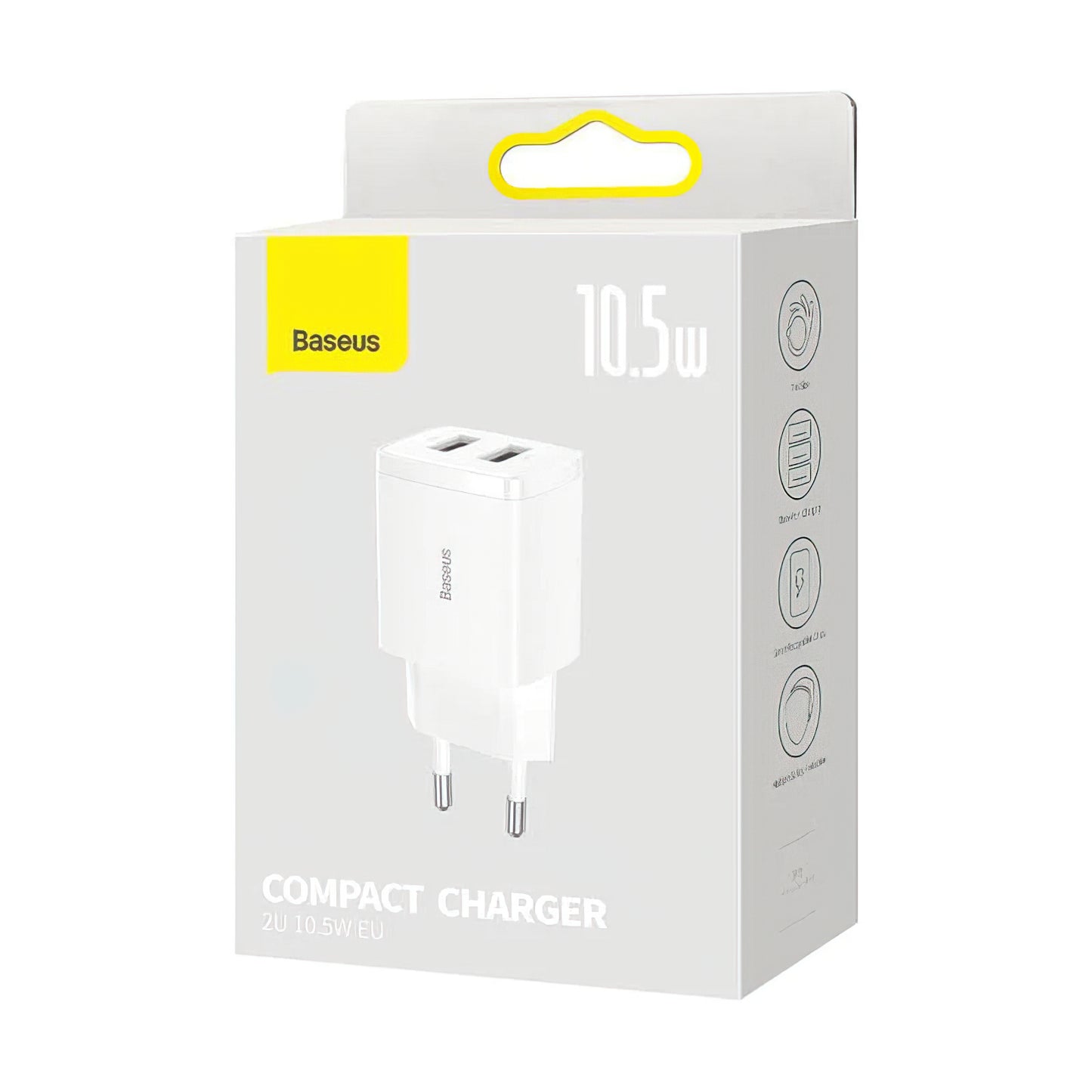 Caricabatterie Rete Baseus Compact, 10.5W, 2.1A, 2 x USB-A, Bianco CCXJ010202