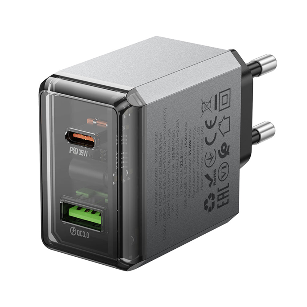 Netzladegerät Borofone BN20 Lena, 35W, 3A, 1 x USB-A - 1 x USB-C, Grau
